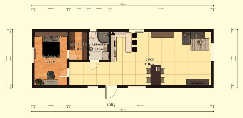 Domek Mobilny Pegasus + 4.5m x 14m - Wariant B - Plan z wymiarami 