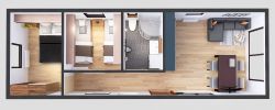 domek mobilny 3.5m x 10m perspektywa z meblami, Salon z Kuchnią, Łazienka , 2 Sypialnie