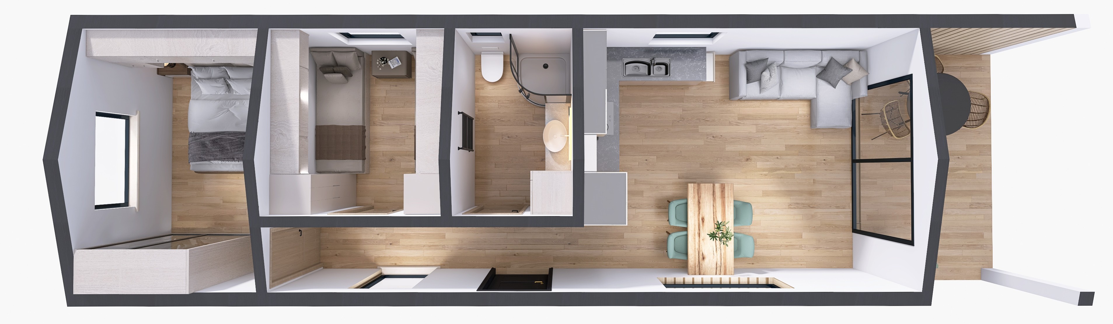 plan domku 4m x 14m perspektywa z meblami, Salon z Kuchnią, Łazienka, 2 Sypialnie