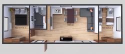 plan domku mobilnego 4m x 12m perspektywa z meblami, Salon z Kuchnią, Łazienka, 2 Sypialnie