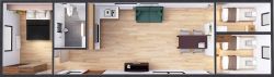 Domek Mobilny Pegasus + 4.5m x 14m - Wariant D - Plan z wizualizacją