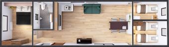 Domek Mobilny Pegasus + 4.5m x 14m - Wariant D - Plan z wizualizacją