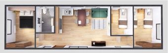 Domek Mobilny TYTAN 4,5m x 14m - Wariant F - Plan z wizualizacją